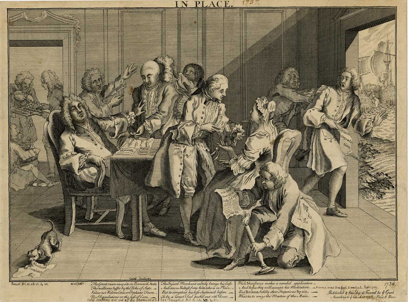 Caricatura satírica de 1738 que mostra ao primeiro ministro Robert Walpole desmayándose cando se lle enfronta coa orella cortada por un español, o que levou á Guerra da orella de Jenkins en 1739. Museo Británico, Londres