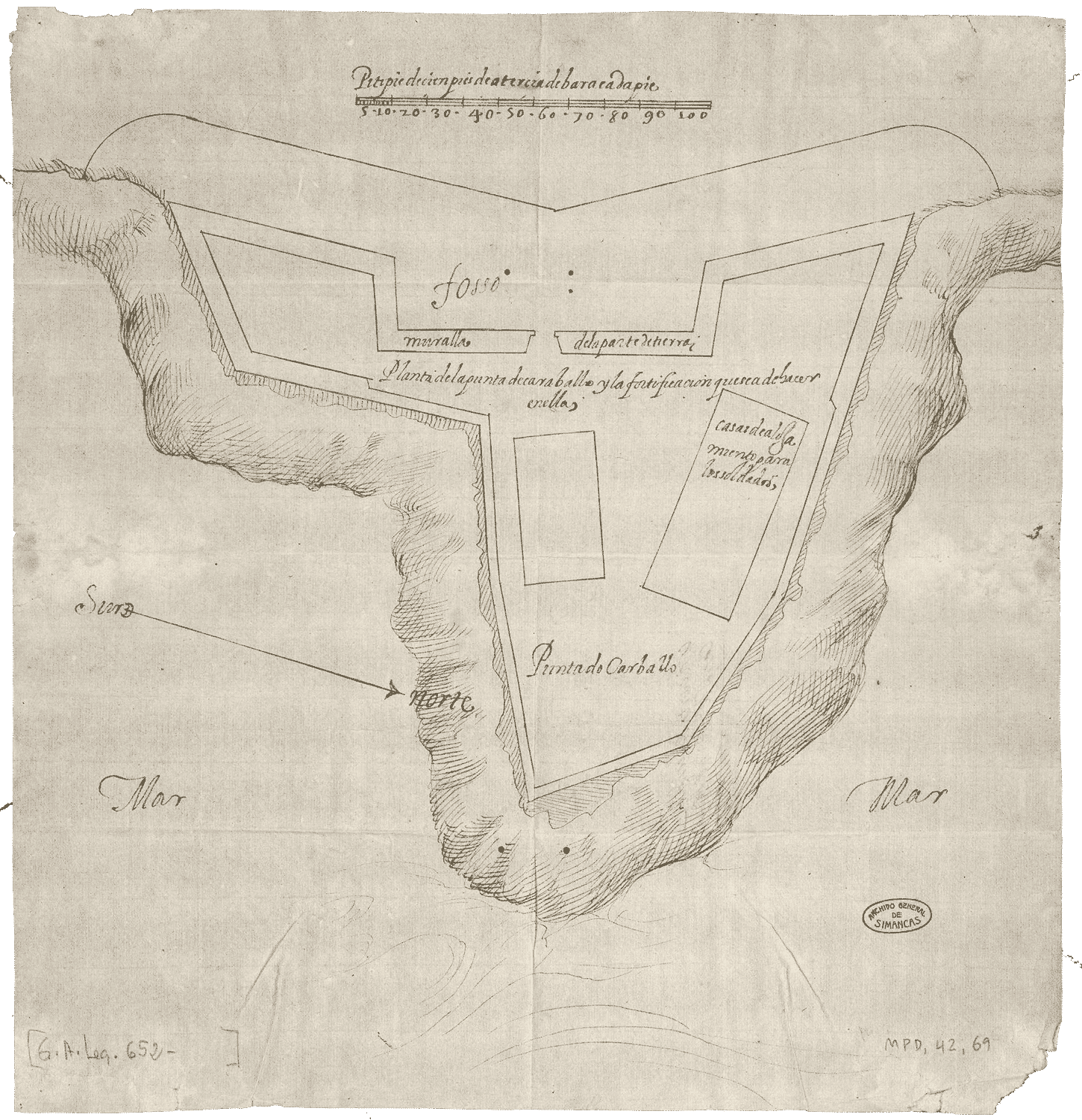 Planta do forte que se pretende realizar na Punta do Carballo de Ribadeo, 1605. Bartolomé Muñiz. Arquivo Xeral de Simancas