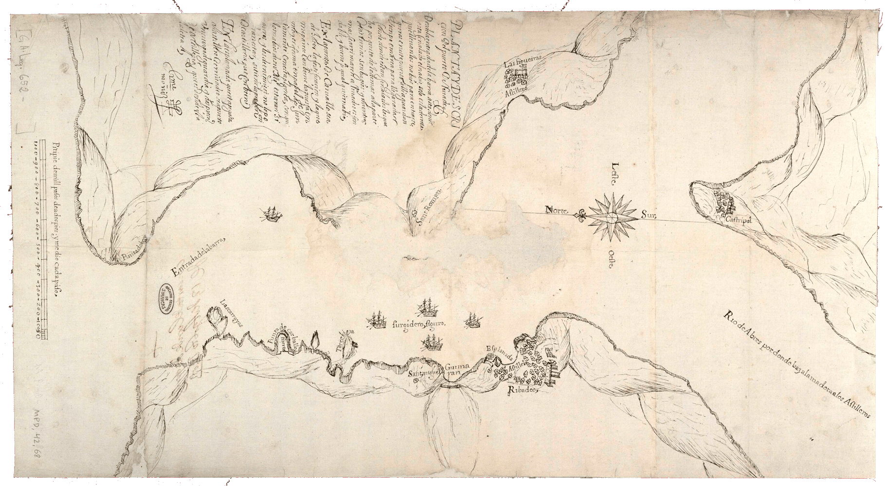 Plano do porto de Ribadeo onde entre outras cousas sinálanse por medio de barcos as zonas máis seguras para a navegación e a punta de Carballo que se trata de fortificar, 1605. Bartolomé Muñiz. Arquivo Xeral de Simancas