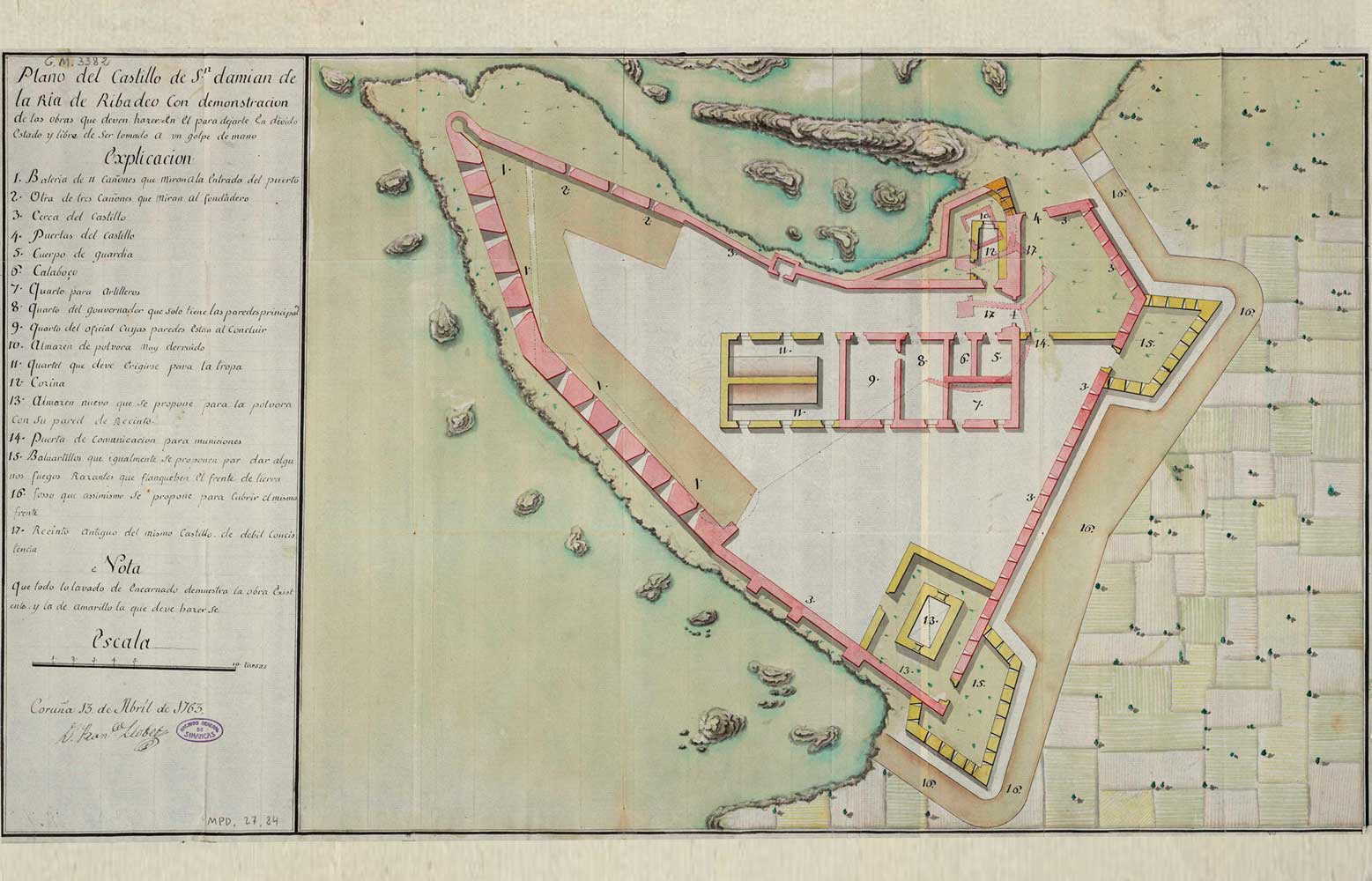 Plano do Castelo de San Damián da Ría de Ribadeo con demostración das Obras que se deben facer, 1763. Francisco Llovet. Arquivo Xeral de Simancas