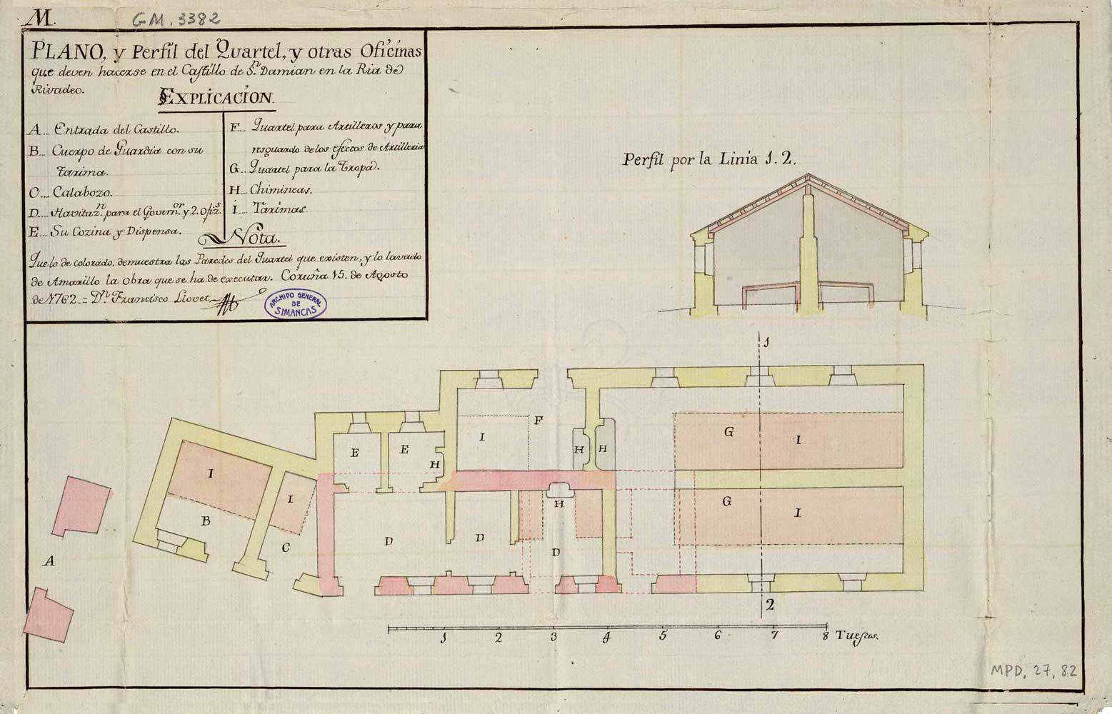 Plano e perfil do cuartel e outras oficinas que deben facerse no Castelo de San Damián da Ría de Ribadeo, 1762. Francisco Llovet. Arquivo Xeral de Simancas