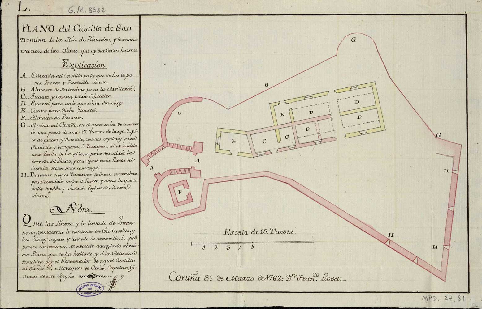 Plano do Castelo de San Damián. 1762. Francisco Llovet. Arquivo Xeral de Simancas.